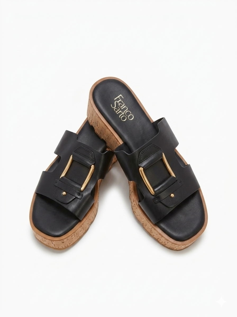 Franco Sarto Black Slide Sandals with Gold Buckle and Cork Platform